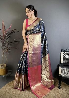 Nevy Blue Jacquard Silk Saree Set
