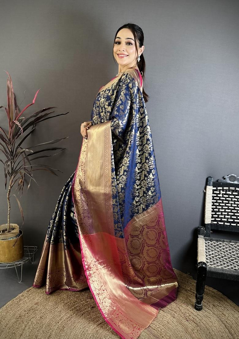 Nevy Blue Jacquard Silk Saree Set - Indya