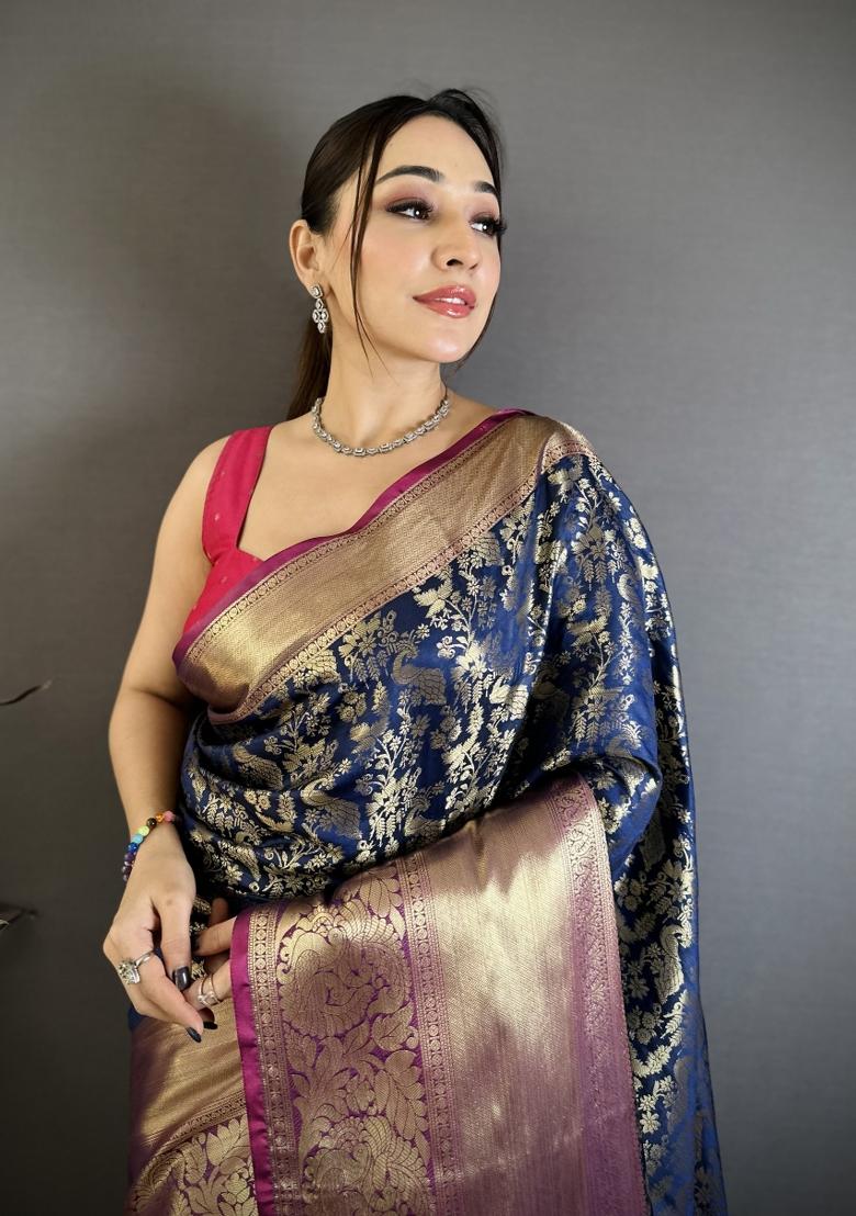 Nevy Blue Jacquard Silk Saree Set - Indya
