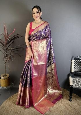 Purple Jacquard Silk Saree Set