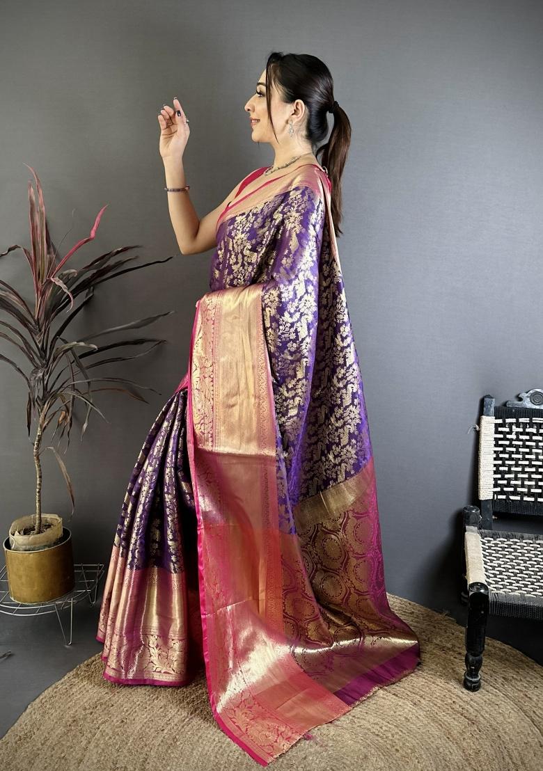 Purple Jacquard Silk Saree Set - Indya