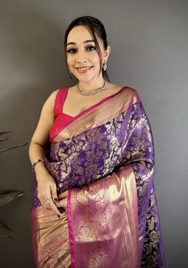 Purple Jacquard Silk Saree Set - Indya