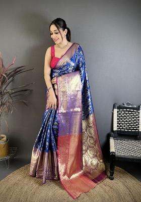 Royal Blue Jacquard Silk Saree Set