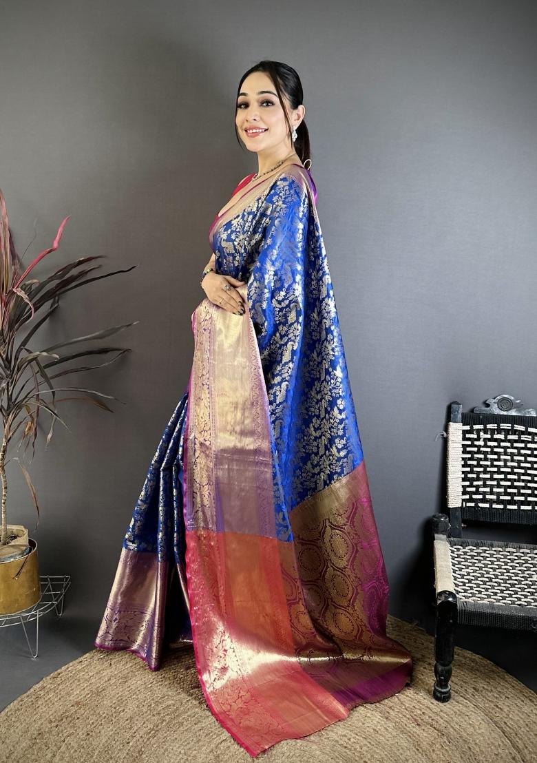 Royal Blue Jacquard Silk Saree Set - Indya