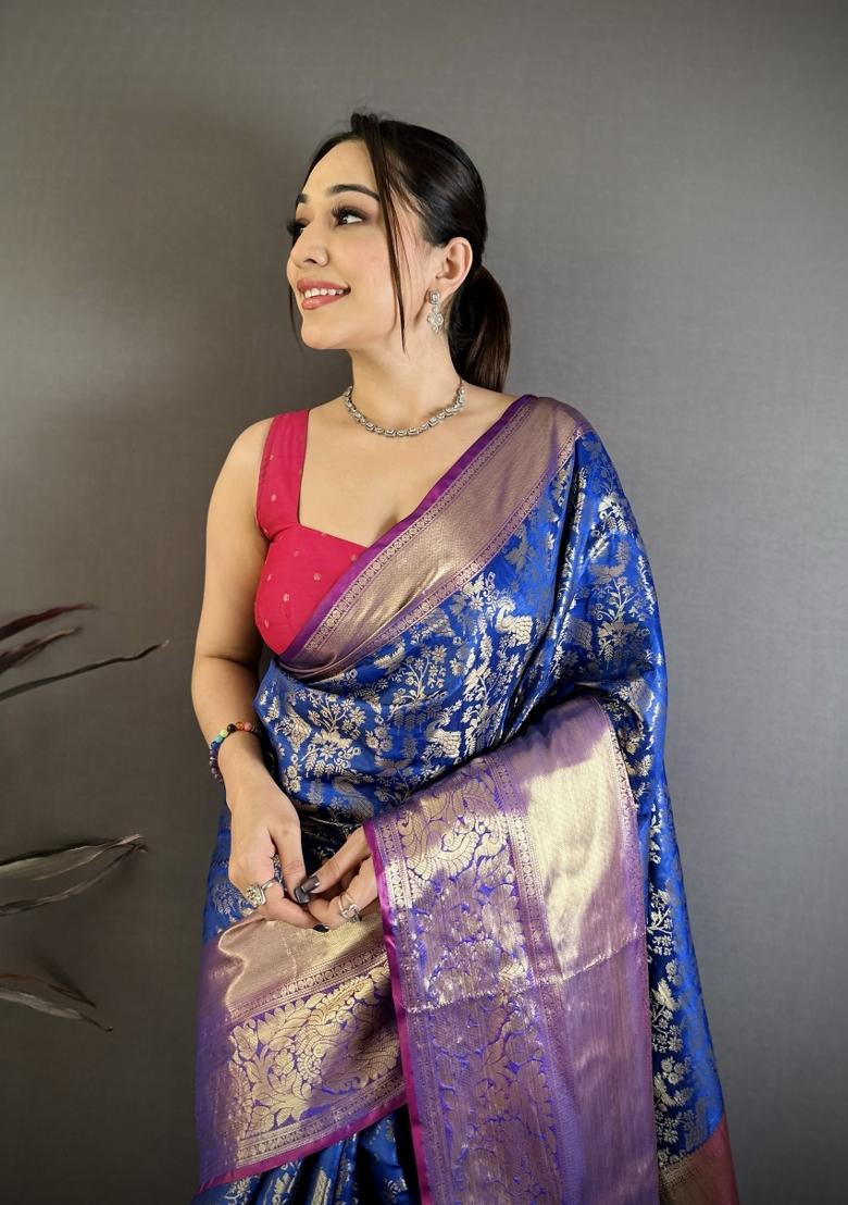 Royal Blue Jacquard Silk Saree Set - Indya