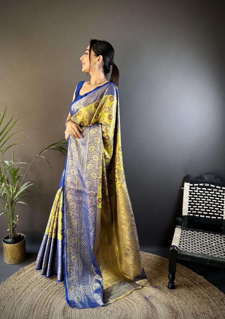 Green Jacquard Silk Saree Set - Indya