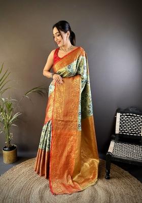 Sea Green Jacquard Silk Saree Set