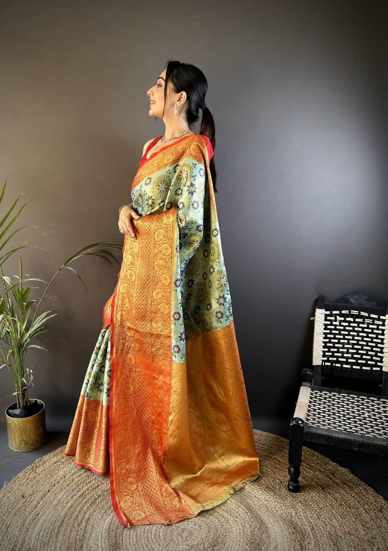Sea Green Jacquard Silk Saree Set - Indya