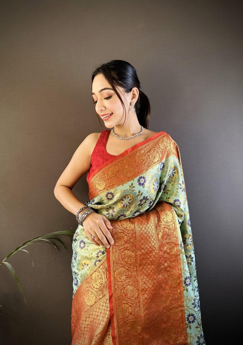 Sea Green Jacquard Silk Saree Set - Indya