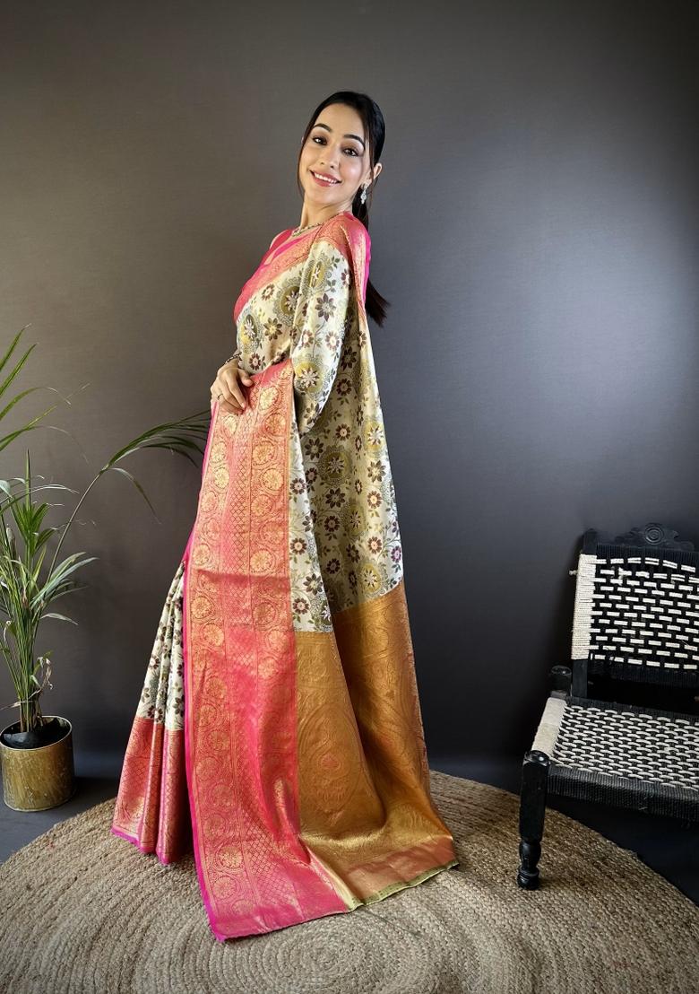 Off White Jacquard Silk Saree Set - Indya