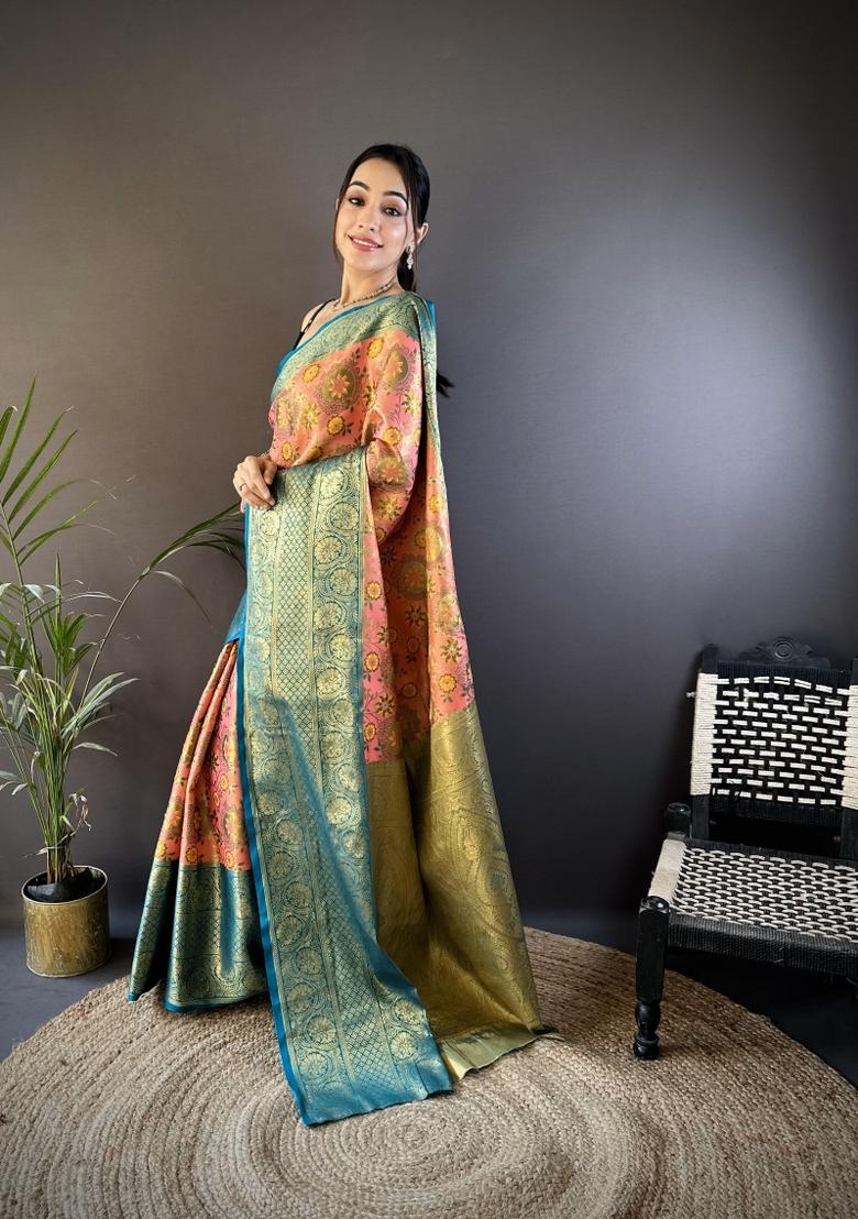 Pink Jacquard Silk Saree Set - Indya