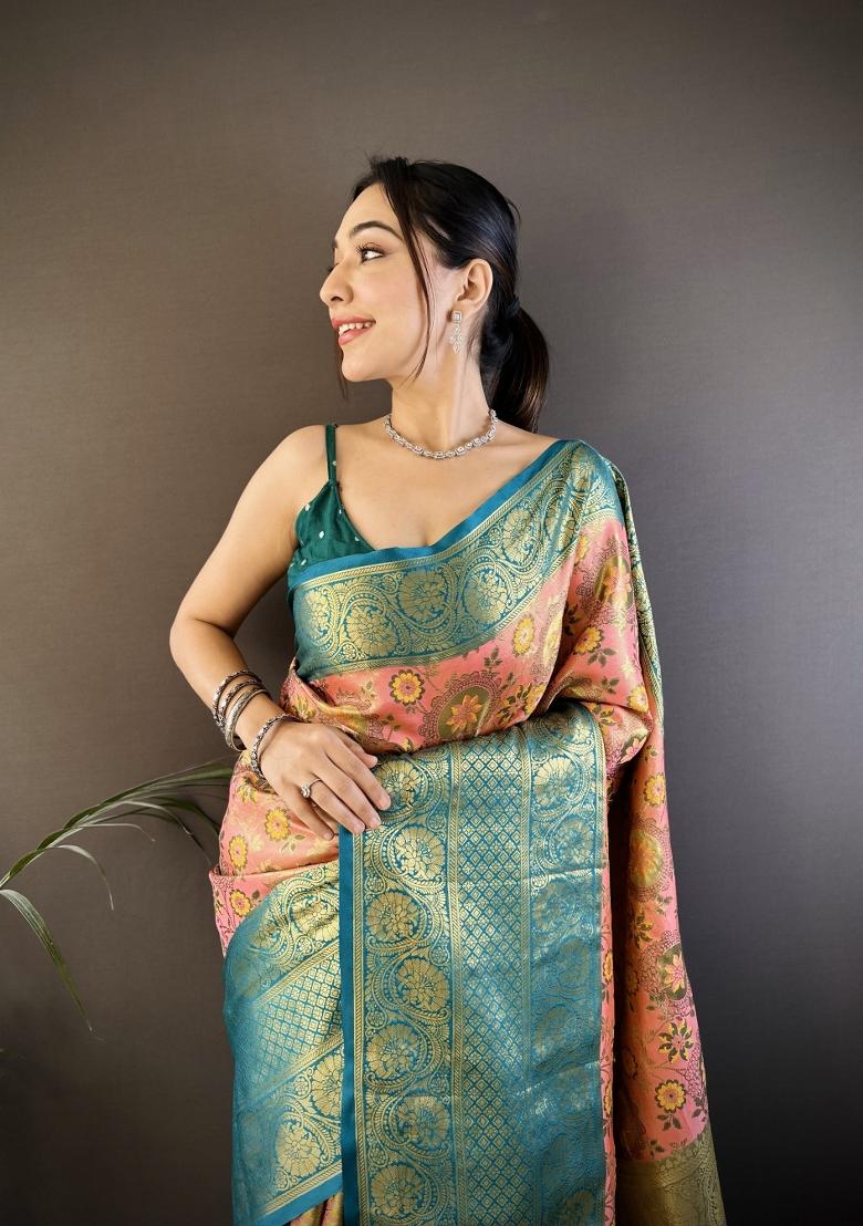 Pink Jacquard Silk Saree Set - Indya
