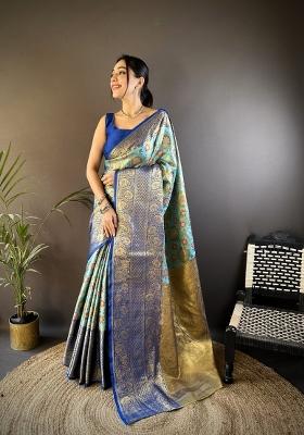 Blue Jacquard Silk Saree Set