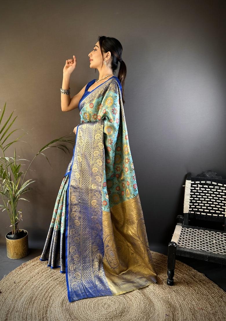 Blue Jacquard Silk Saree Set - Indya