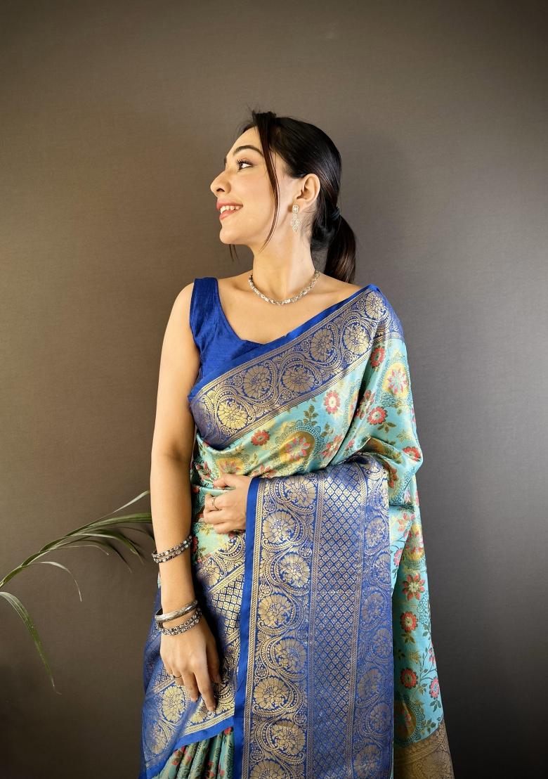 Blue Jacquard Silk Saree Set - Indya