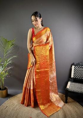 Orange Jacquard Silk Saree Set