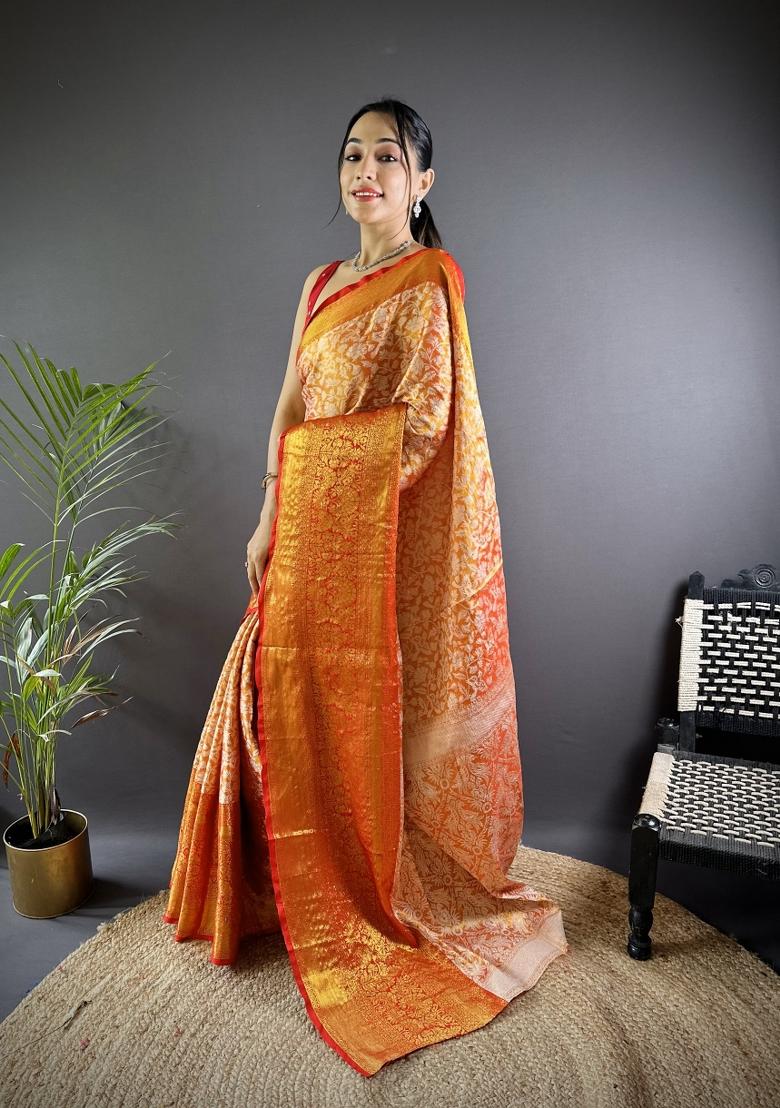Orange Jacquard Silk Saree Set - Indya