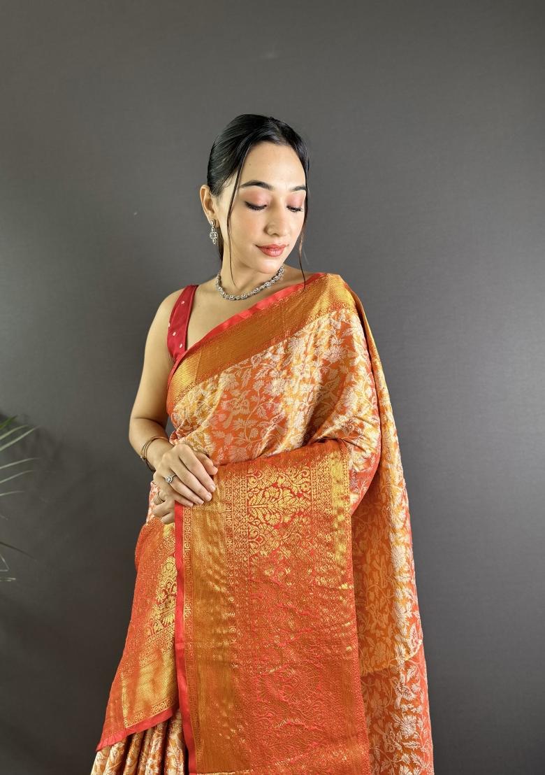 Orange Jacquard Silk Saree Set - Indya