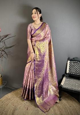 Purple Jacquard Silk Saree Set