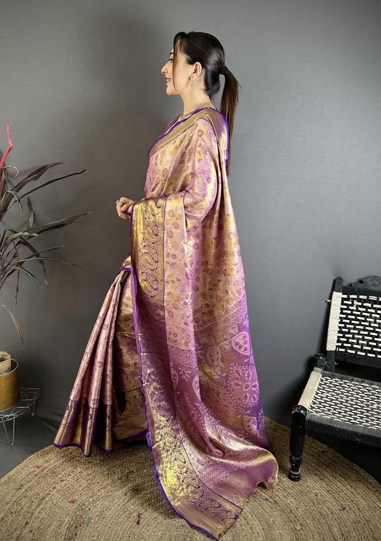Purple Jacquard Silk Saree Set - Indya