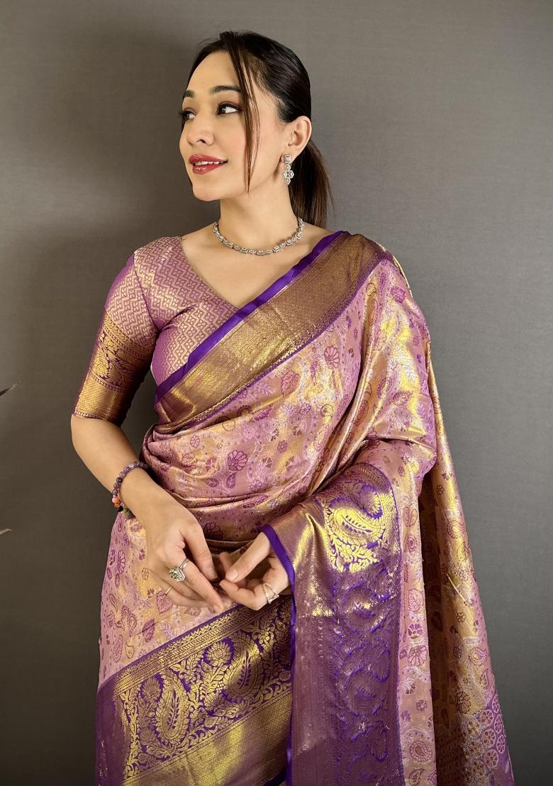 Purple Jacquard Silk Saree Set - Indya