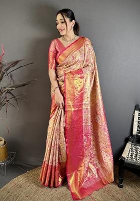 Beige Jacquard Silk Saree Set