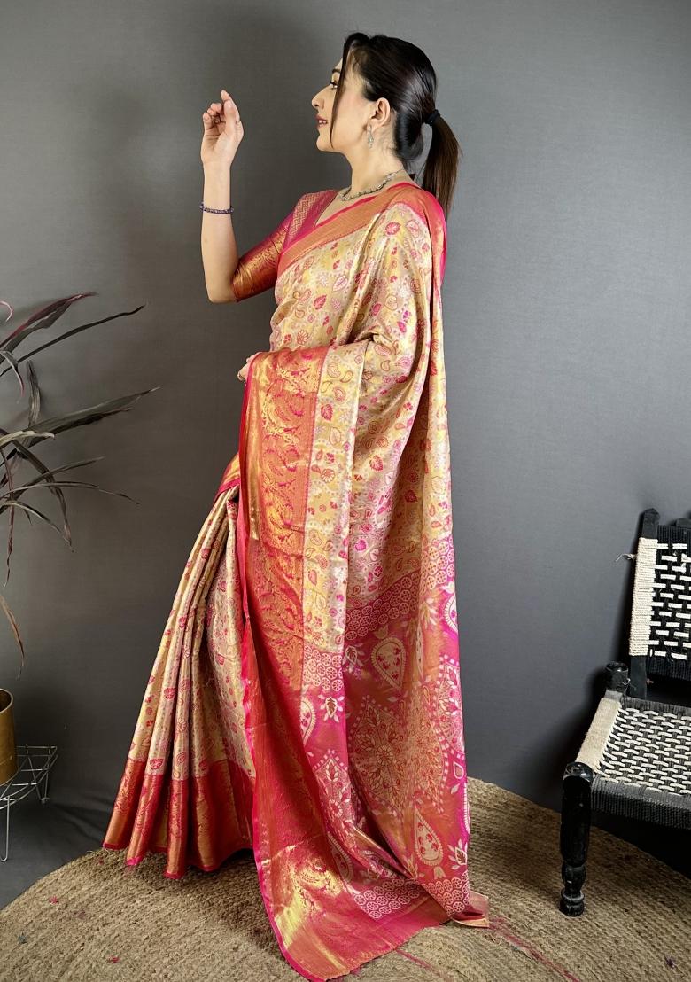 Beige Jacquard Silk Saree Set - Indya