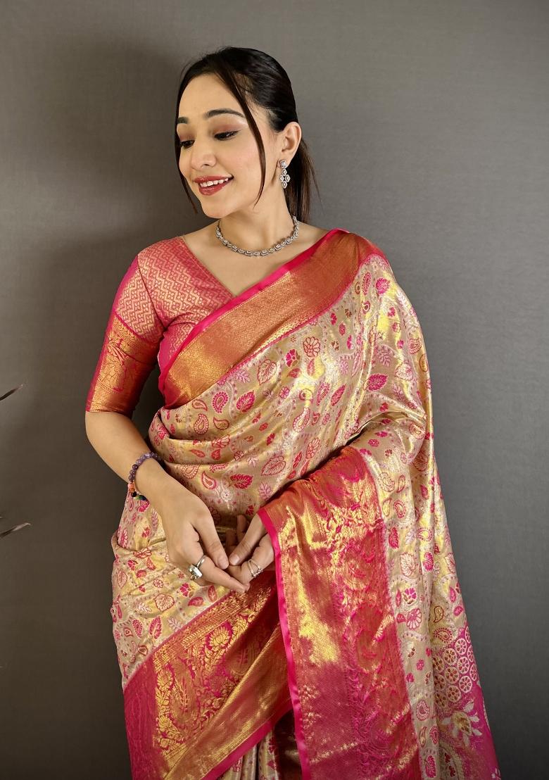 Beige Jacquard Silk Saree Set - Indya