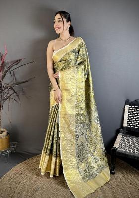 Olive Green And Golden Jacquard Silk Saree Set