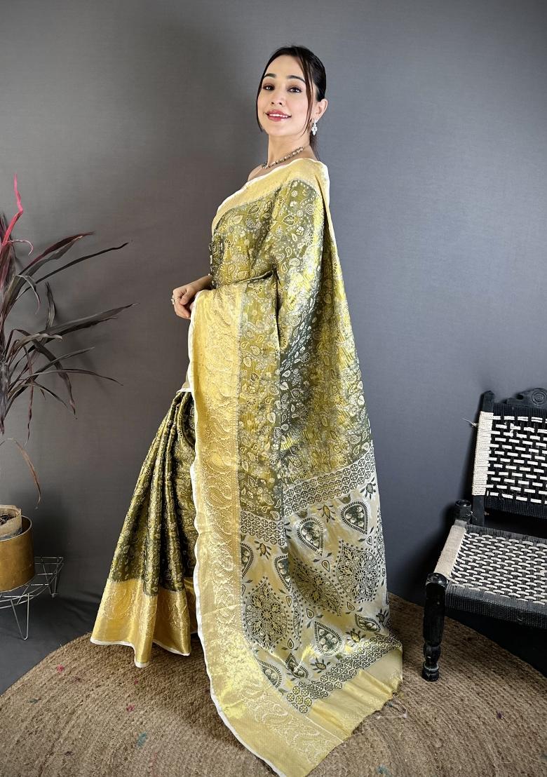 Olive Green And Golden Jacquard Silk Saree Set - Indya