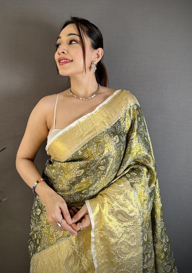 Olive Green And Golden Jacquard Silk Saree Set - Indya