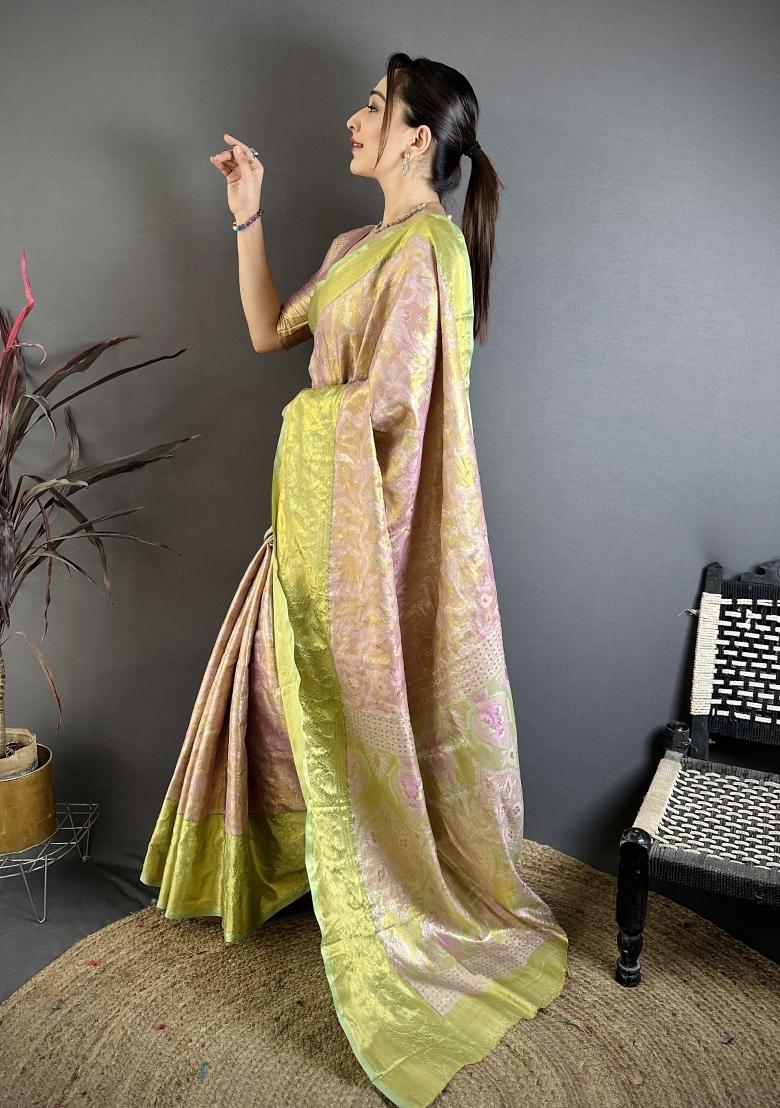 Blush Pink Jacquard Silk Saree Set - Indya