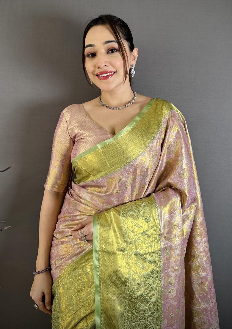 Blush Pink Jacquard Silk Saree Set - Indya