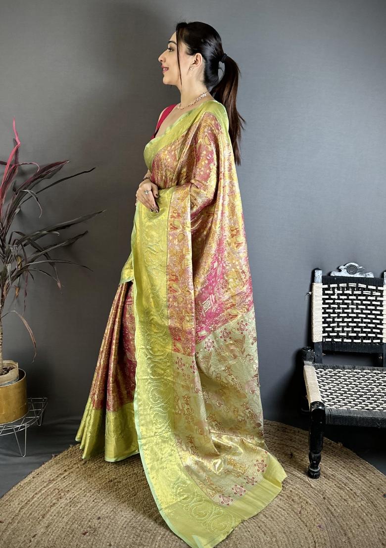 Dusty Pink Jacquard Silk Saree Set - Indya