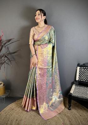 Sage Green Jacquard Silk Saree Set