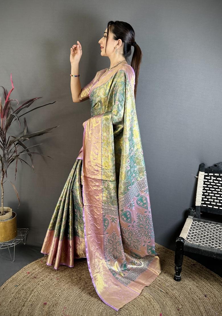 Sage Green Jacquard Silk Saree Set - Indya