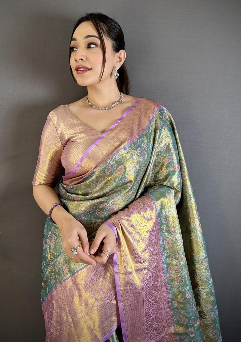 Sage Green Jacquard Silk Saree Set - Indya