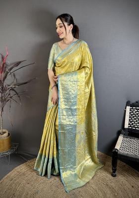 Yellow Jacquard Silk Saree Set