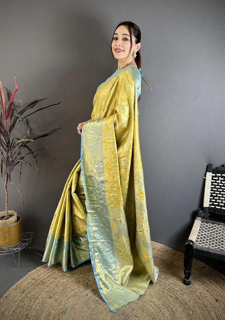 Yellow Jacquard Silk Saree Set - Indya