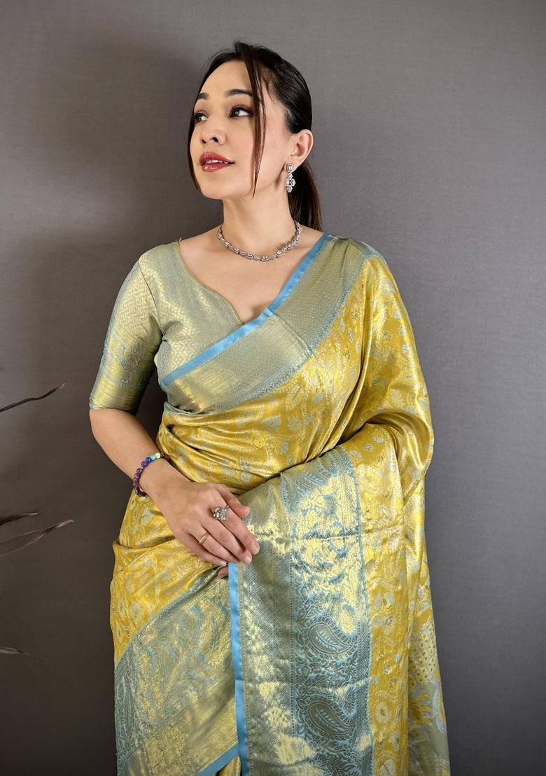 Yellow Jacquard Silk Saree Set - Indya