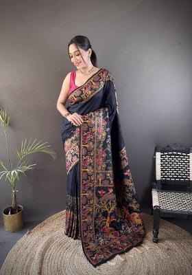 Black Weaving Work Silk Saree Set