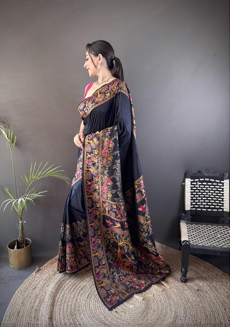 Black Weaving Work Silk Saree Set - Indya
