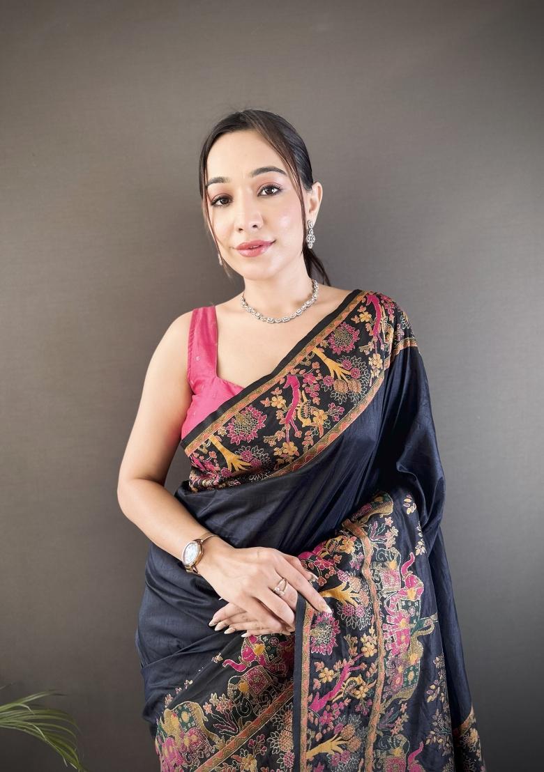 Black Weaving Work Silk Saree Set - Indya