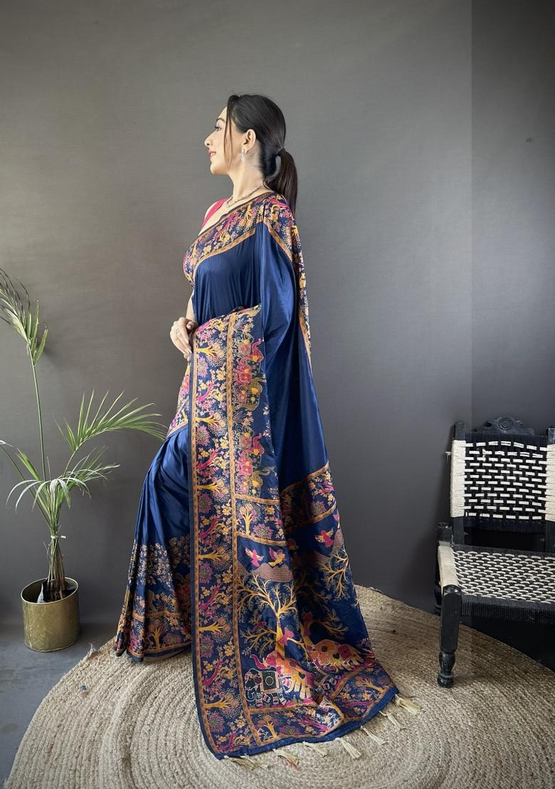 Nevy Blue Weaving Work Silk Saree Set - Indya