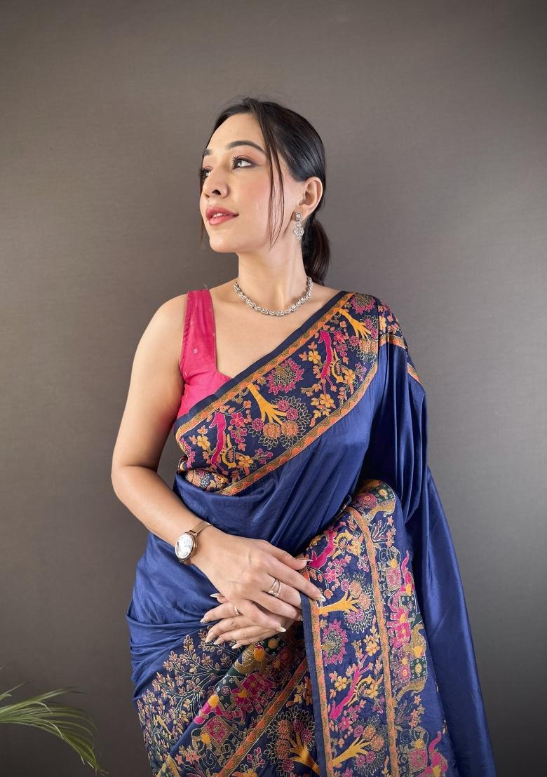 Nevy Blue Weaving Work Silk Saree Set - Indya