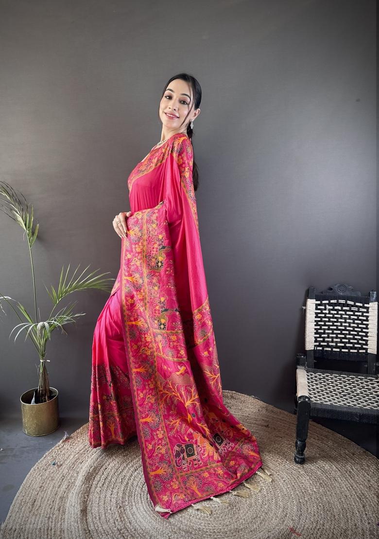 Pink Weaving Work Silk Saree Set - Indya