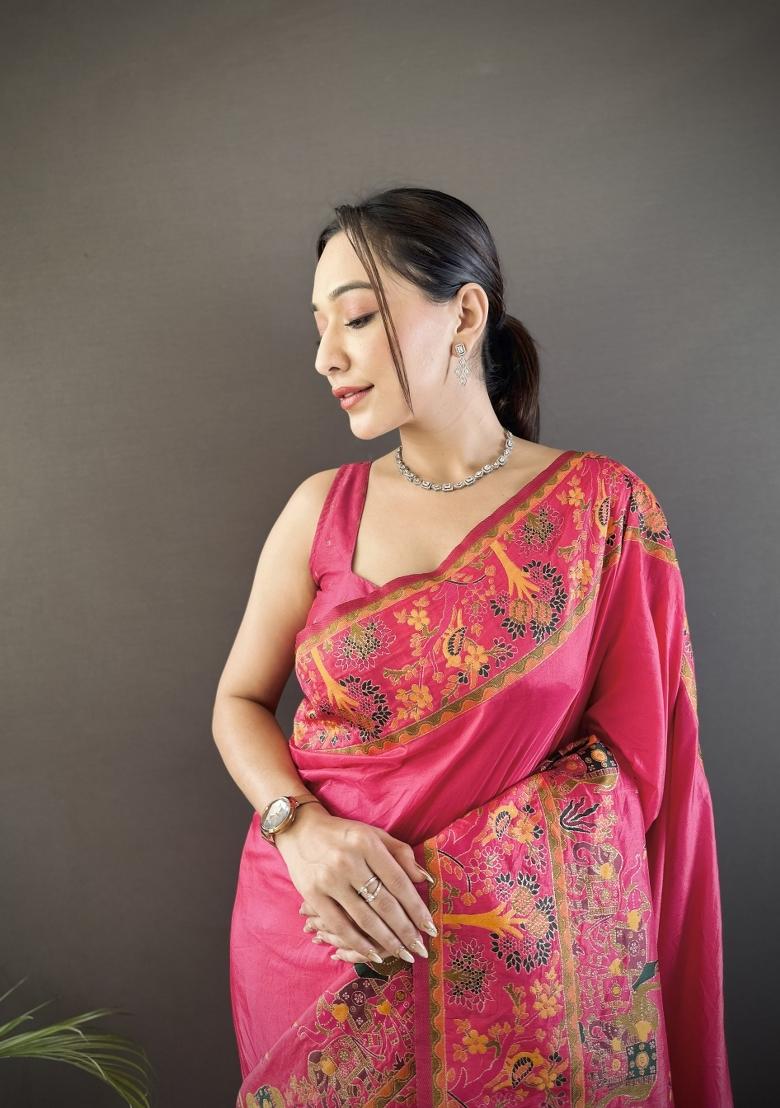 Pink Weaving Work Silk Saree Set - Indya