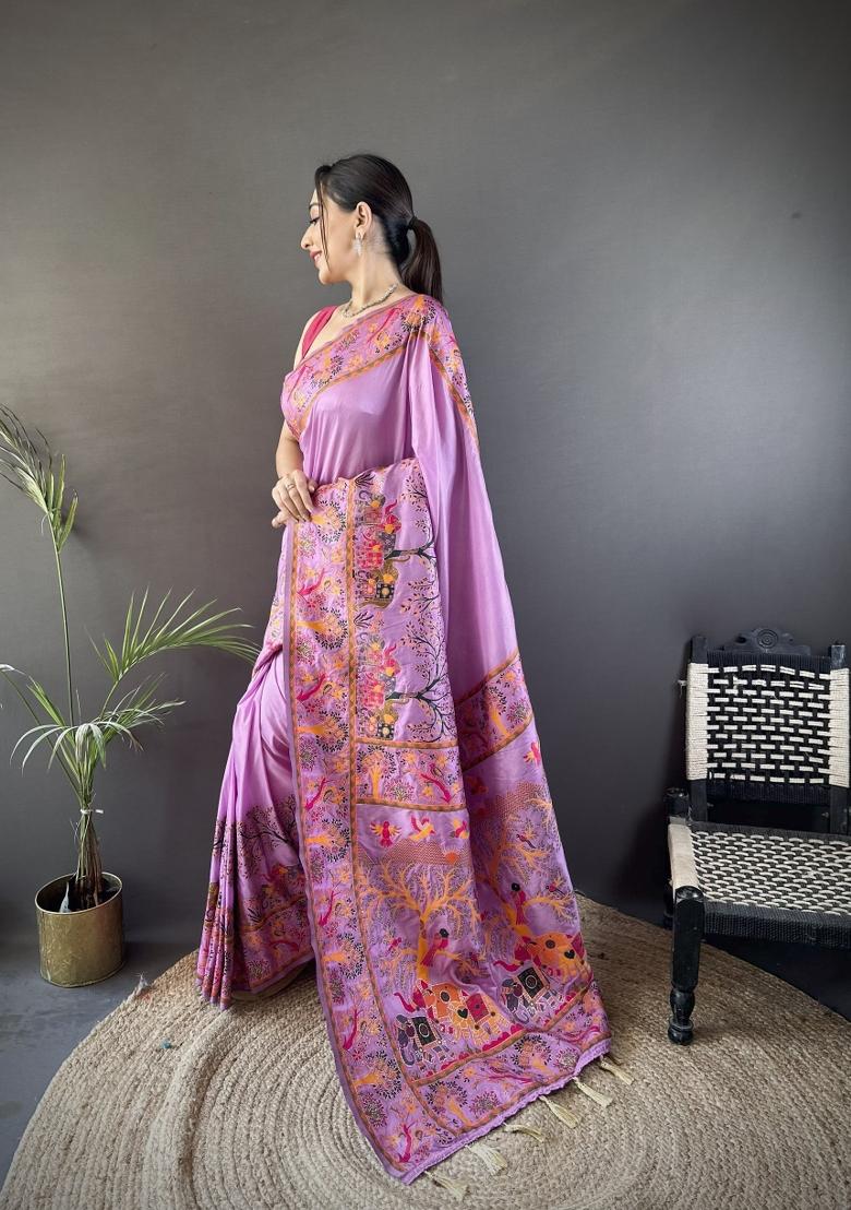 Purple Weaving Work Silk Saree Set - Indya