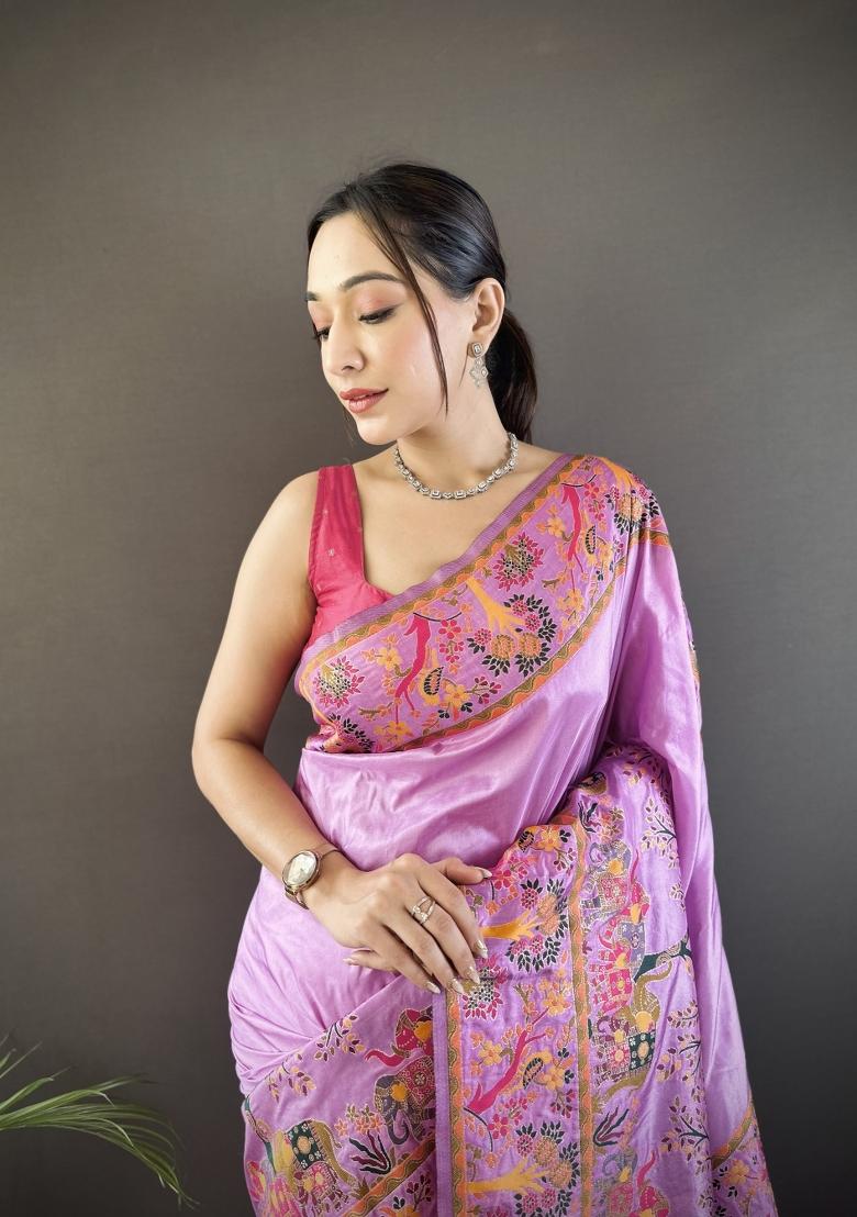 Purple Weaving Work Silk Saree Set - Indya