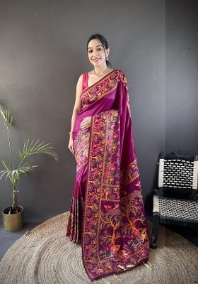 Wine Weaving Work Silk Saree Set